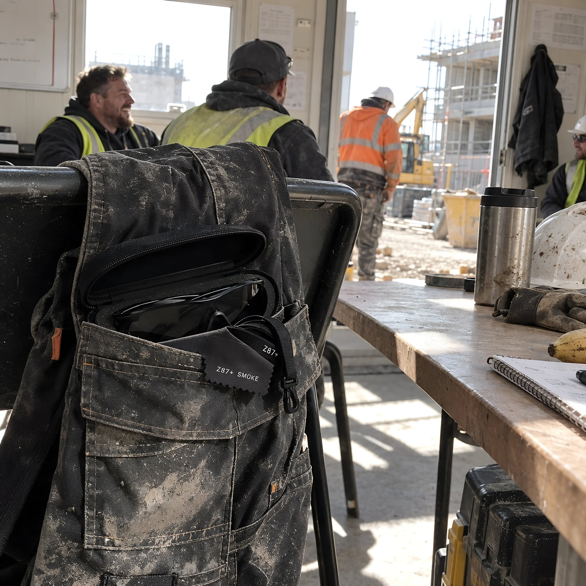 The GRAFT Case sticking out of the thigh pocket of a pair of work trousers hung over a chair in a site cabin, dust ground into the fabric. Daytime, hard window light, no candles lit.