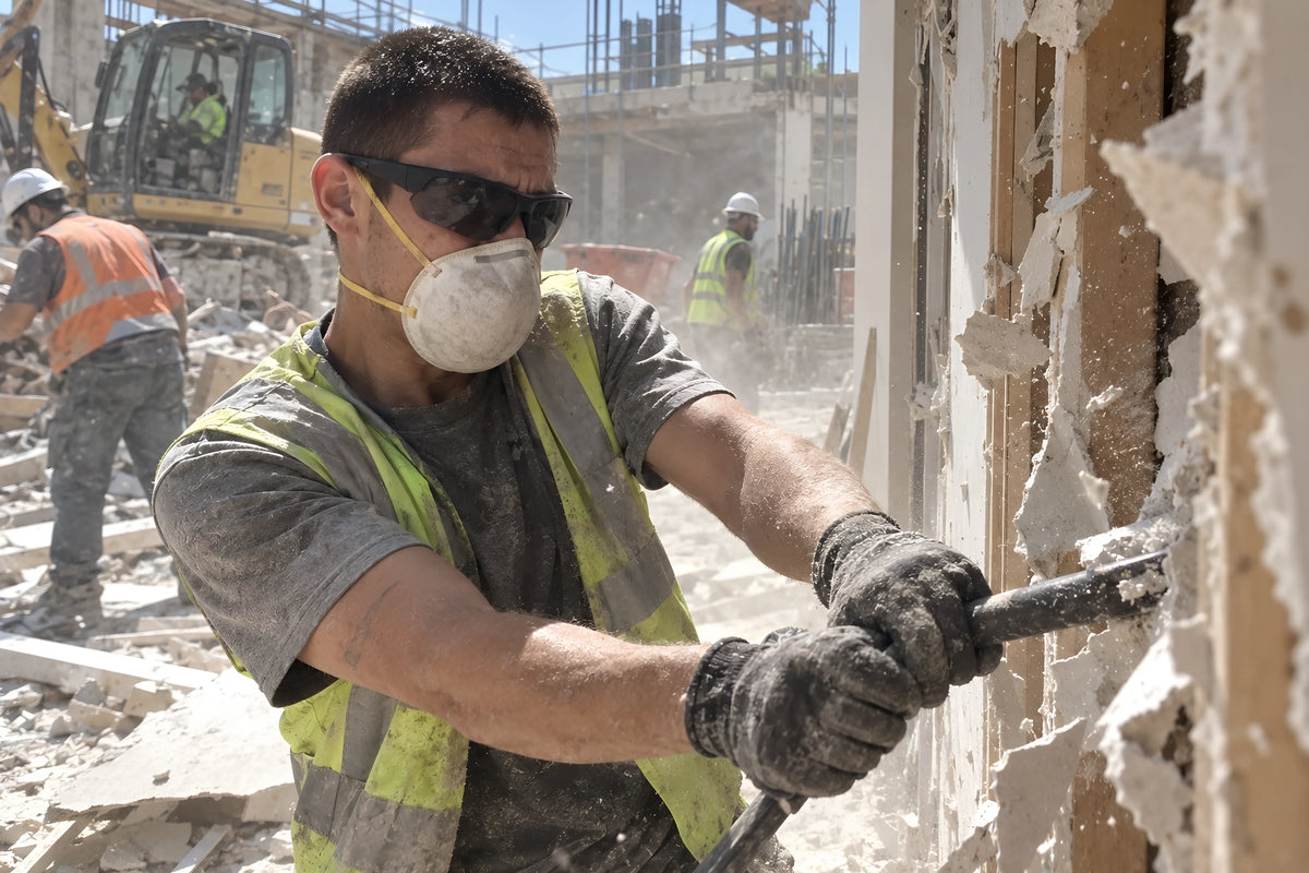 A demolition worker in smoke GRAFT glasses and a dust mask pulling down a stud wall, plaster dust everywhere. Daytime, hard sun, no candles lit.