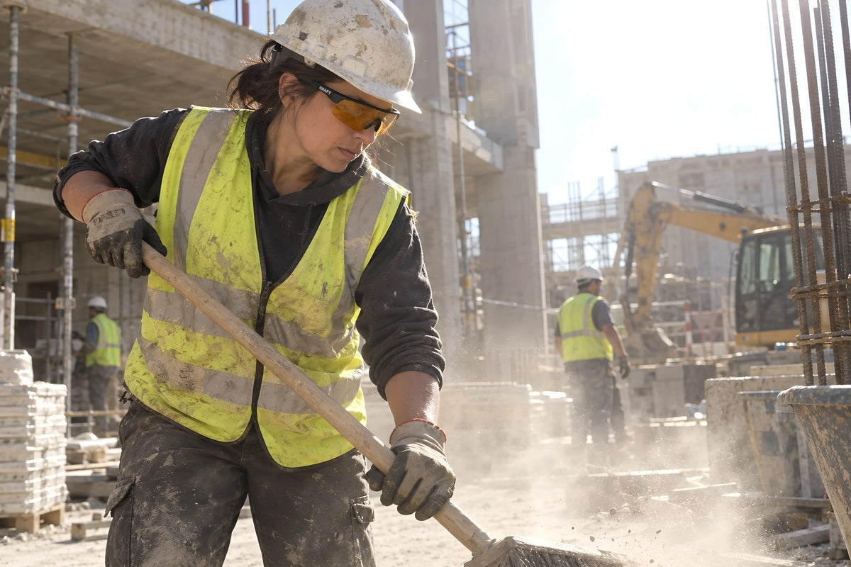 A laborer sweeping up in a cloud of dust wearing the amber GRAFT glasses, dust caught in a shaft of sun through an open wall. Daytime, hard sun, no candles lit.