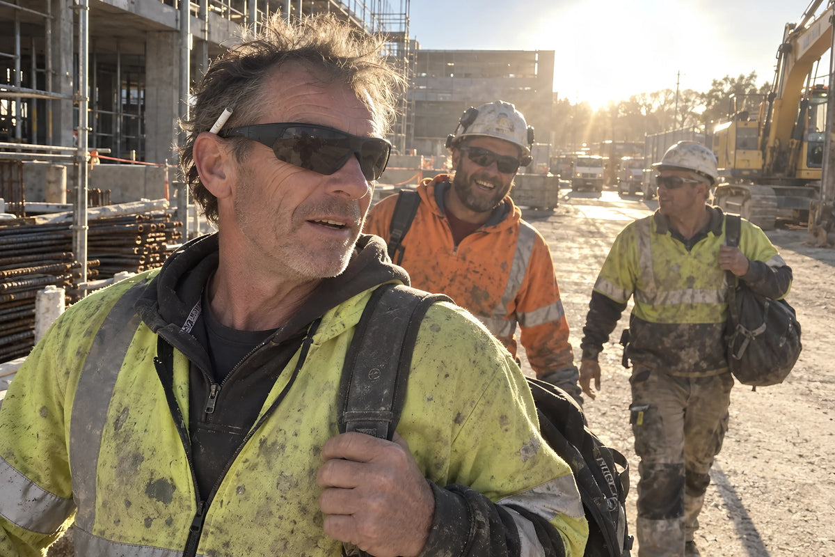 Three workers walking off site at the end of a shift, bags over shoulders, smoke GRAFT glasses on, low sun straight down the road at them. Daytime, low hard sun straight into the lens, no candles lit.