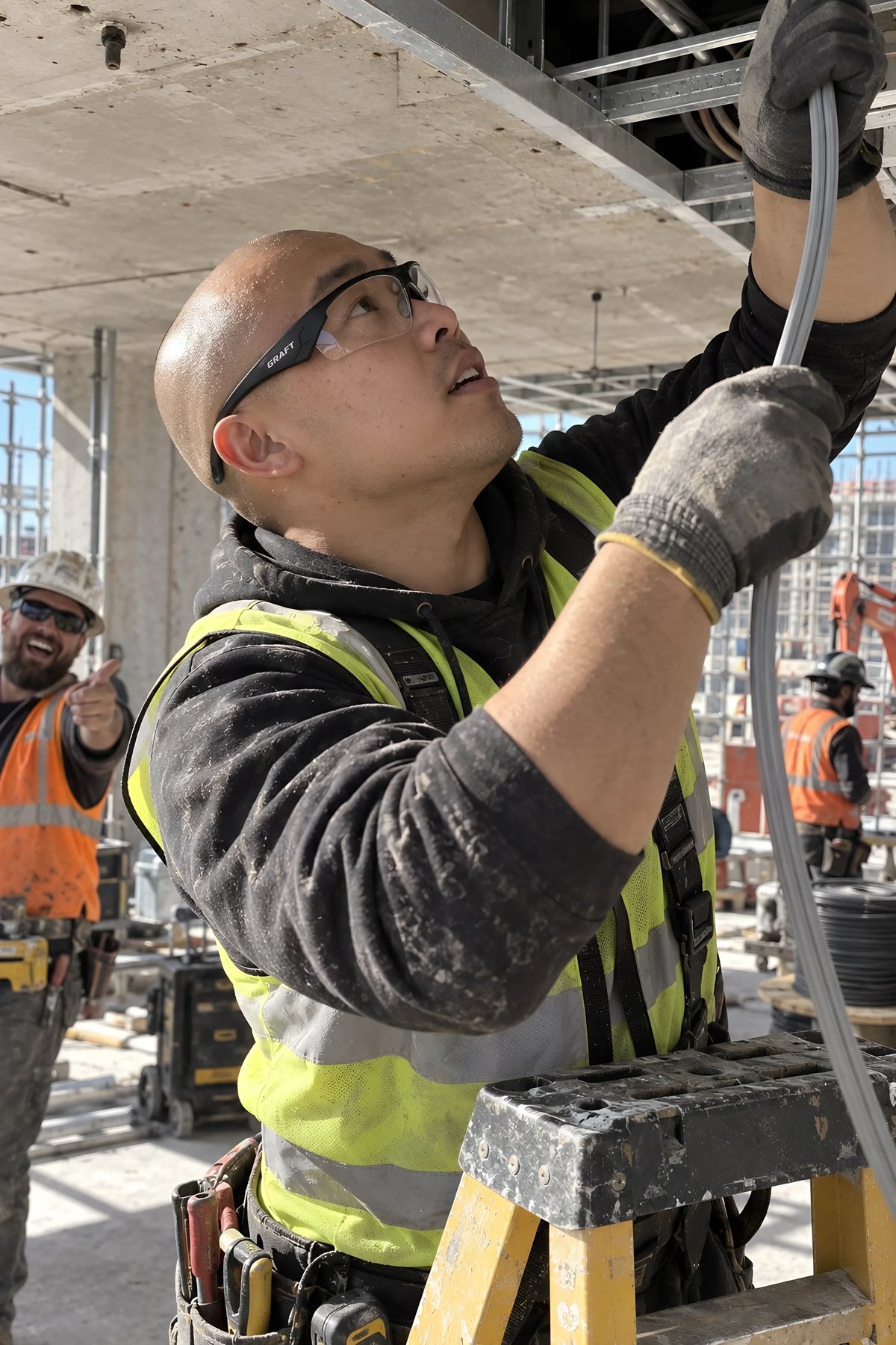An electrician up a step ladder in clear GRAFT glasses pulling cable through a ceiling void, head tipped back. Daytime, hard sun, no candles lit.