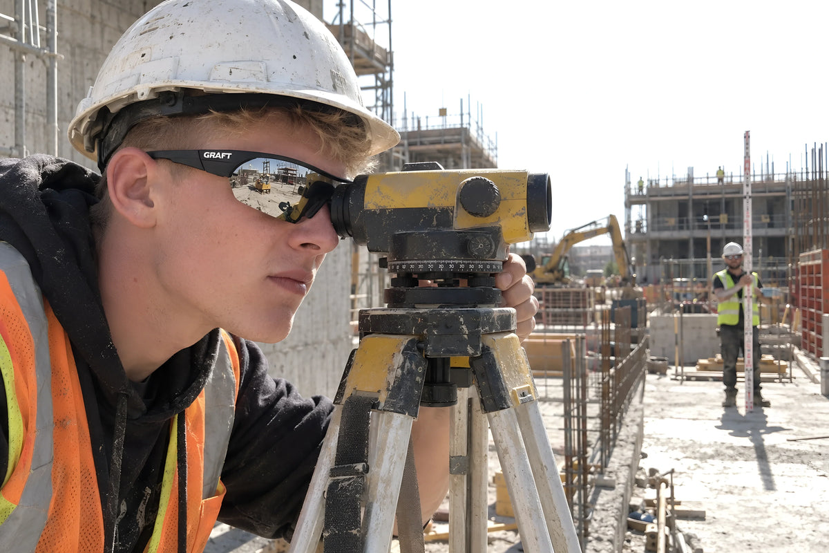 A surveyor with one eye to a level on a tripod in mirrored GRAFT glasses, hard hat on, a colleague holding the staff far off. Daytime, hard sun, no candles lit.