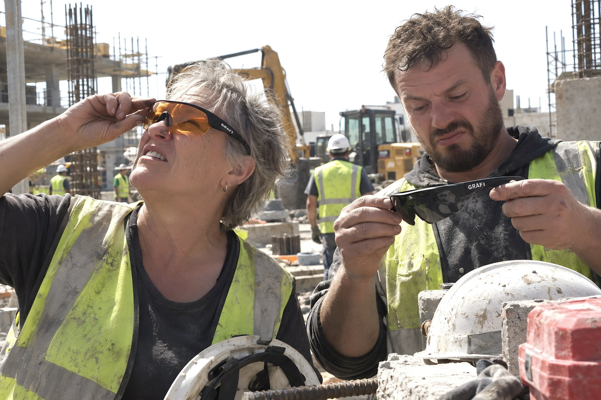 Two workmates swapping glasses on site to compare the amber against the smoke lens, one squinting at the sky through a pair, both pulling faces. Daytime, hard sun, no candles lit.