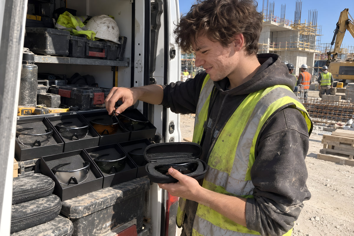 The back doors of a works van open on a road, a man rummaging in the GRAFT Sitebox for a clean pair, cases and tools stacked around. Daytime, hard sun, no candles lit.