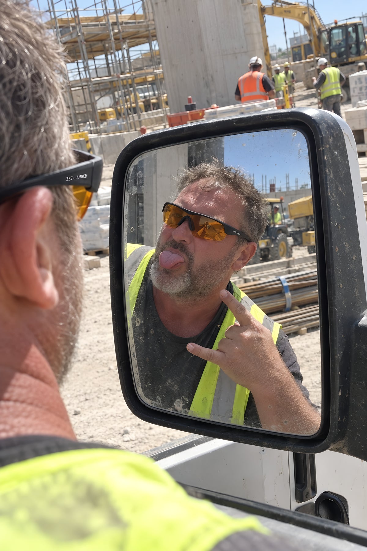 A man checking how the amber GRAFT glasses look in a van wing mirror before he starts, pulling a deliberately daft pose. Daytime, hard sun, no candles lit.