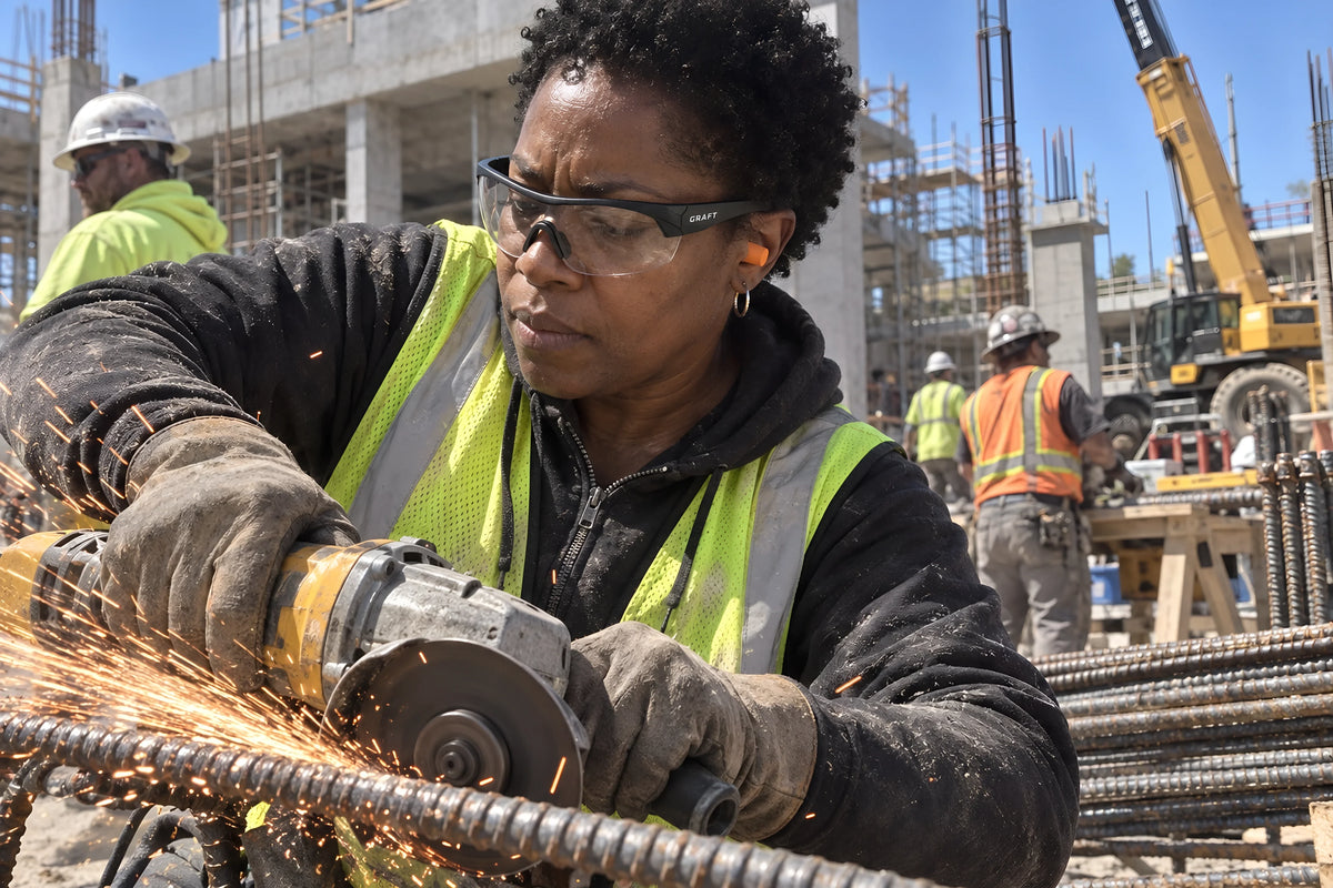 A woman in hi-vis grinding rebar in clear GRAFT glasses, sparks going past her forearm, face set on the work. Daytime, hard sun, no candles lit.