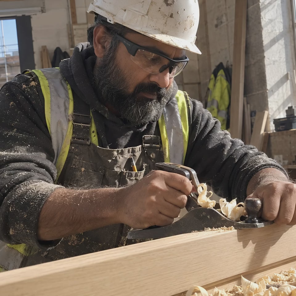 A joiner planing a door edge in clear GRAFT glasses, a shaving curling off the plane
