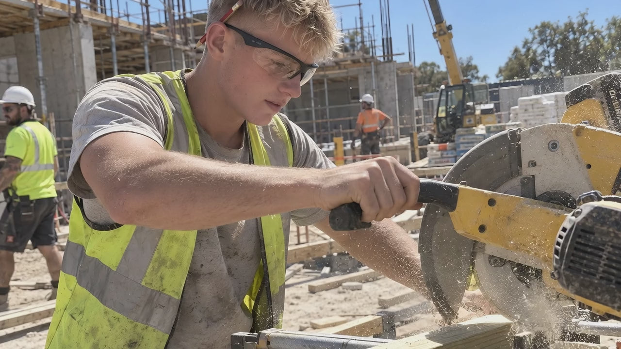 A carpenter running timber through a chop saw in clear GRAFT glasses, sawdust in the sun