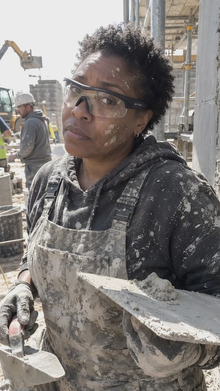 A plasterer covered in splatter, clear GRAFT glasses on, giving the phone a tired look