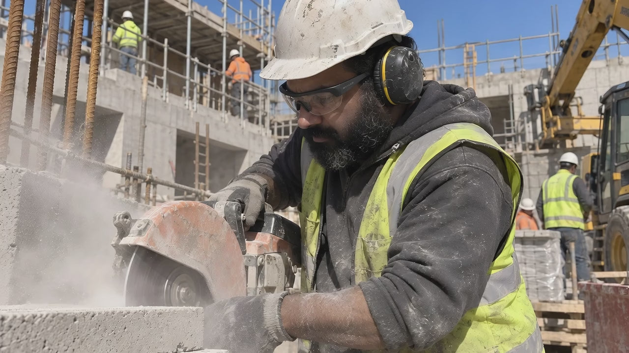 A man cutting concrete block with a disc cutter in clear GRAFT glasses, dust sheeting off the blade
